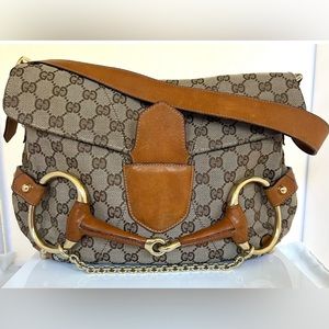 Rare gucci vintage horsebit  beige canvas with camel leather trim and strap